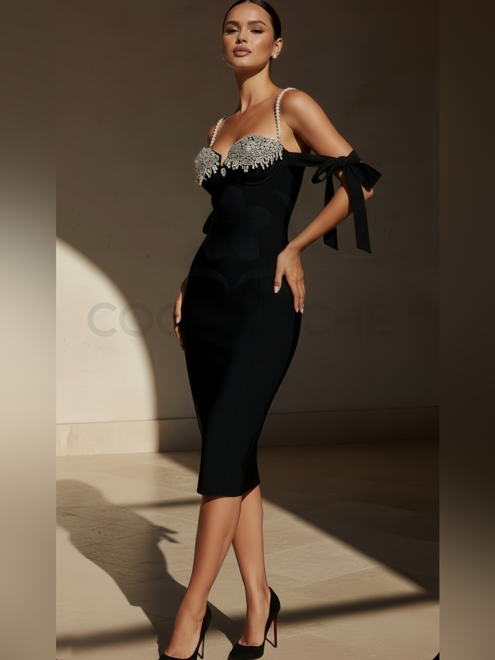 Embellished Black Midi Dress with Bow Straps